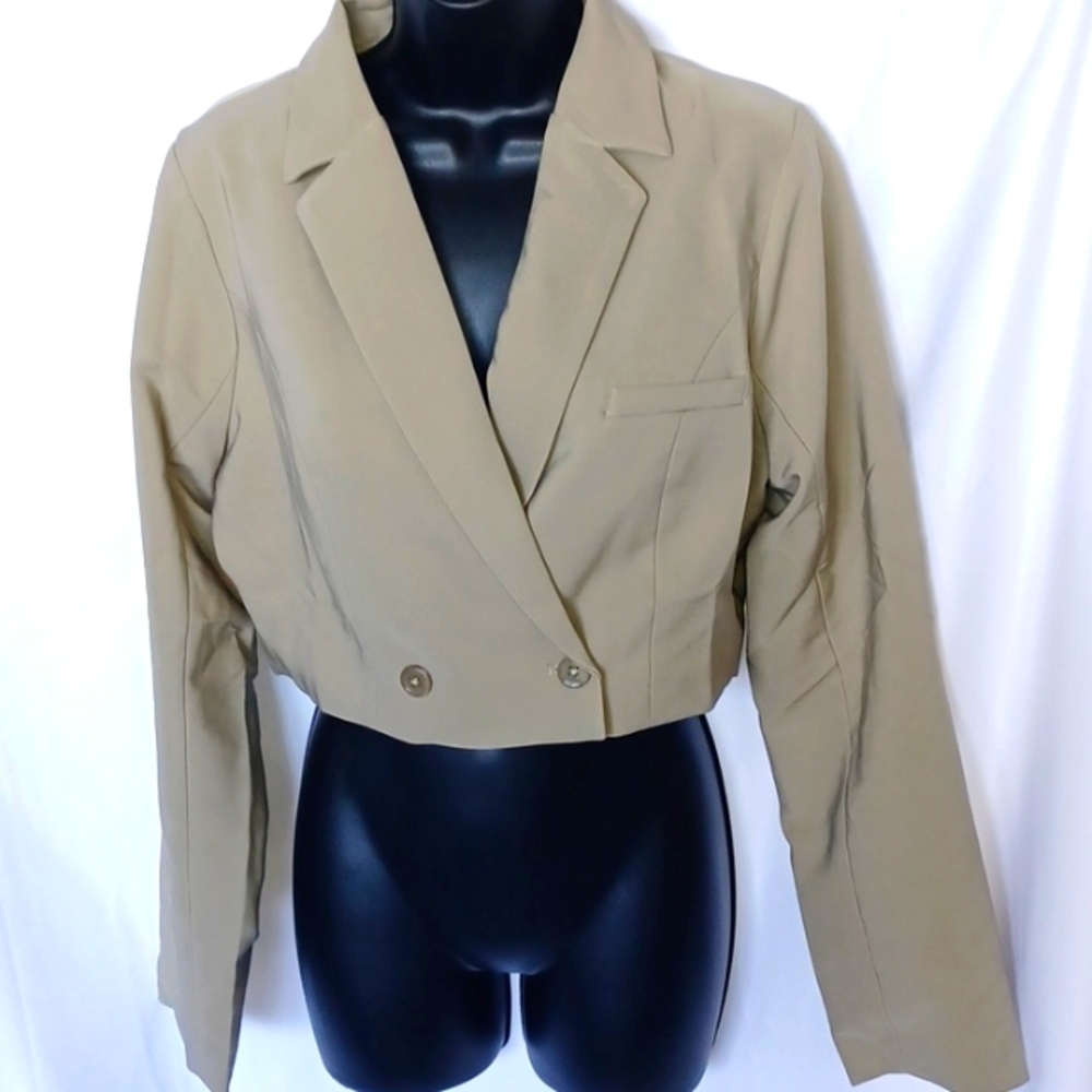 Blue Blush Khaki Cropped Blazer, color is Dusty sage (greenish tan)
